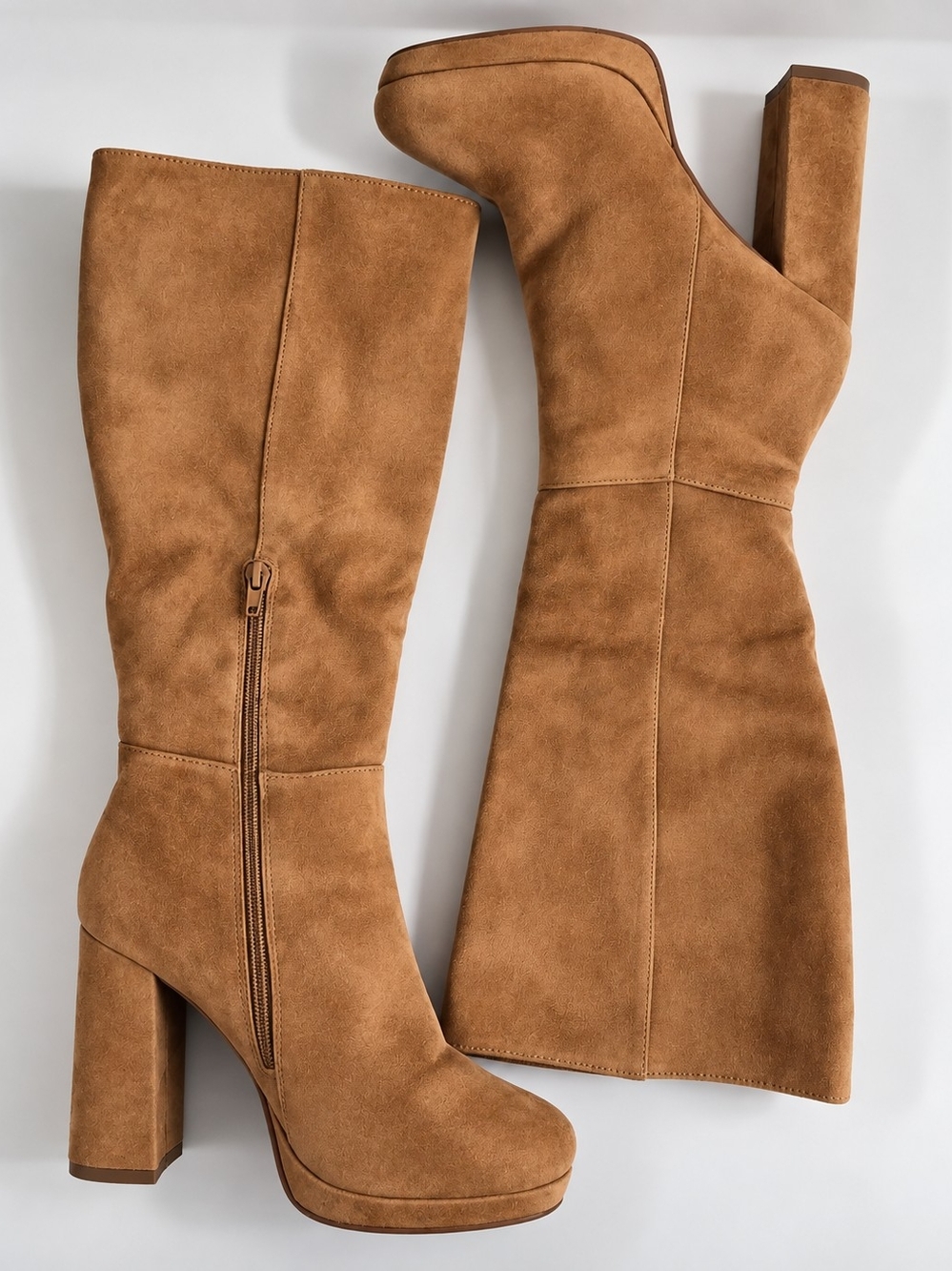 Steve Madden Women’s 7.5 Tan Leather Knee High Platform Boots Chunky Heel - Picture 5 of 13